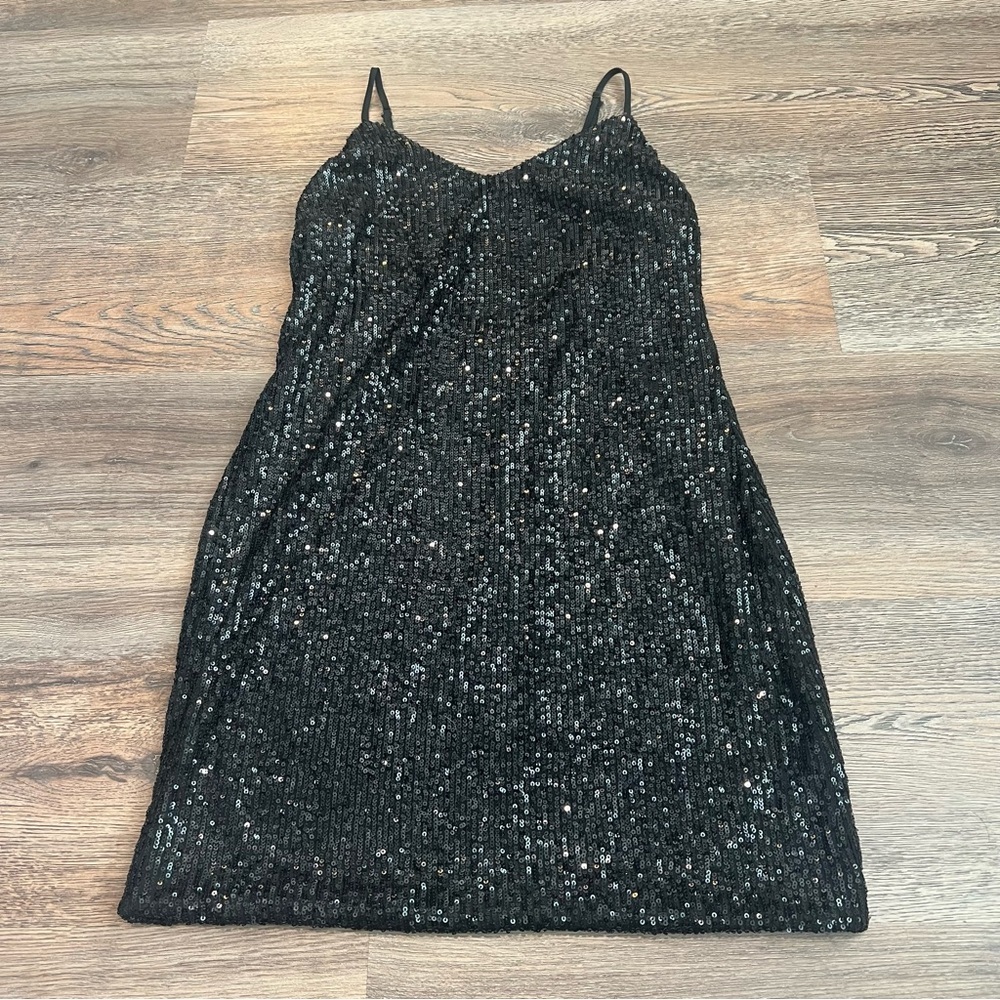 LILA Black Sequin Mini Dress Size Medium Sparkly Party Night Out Glam